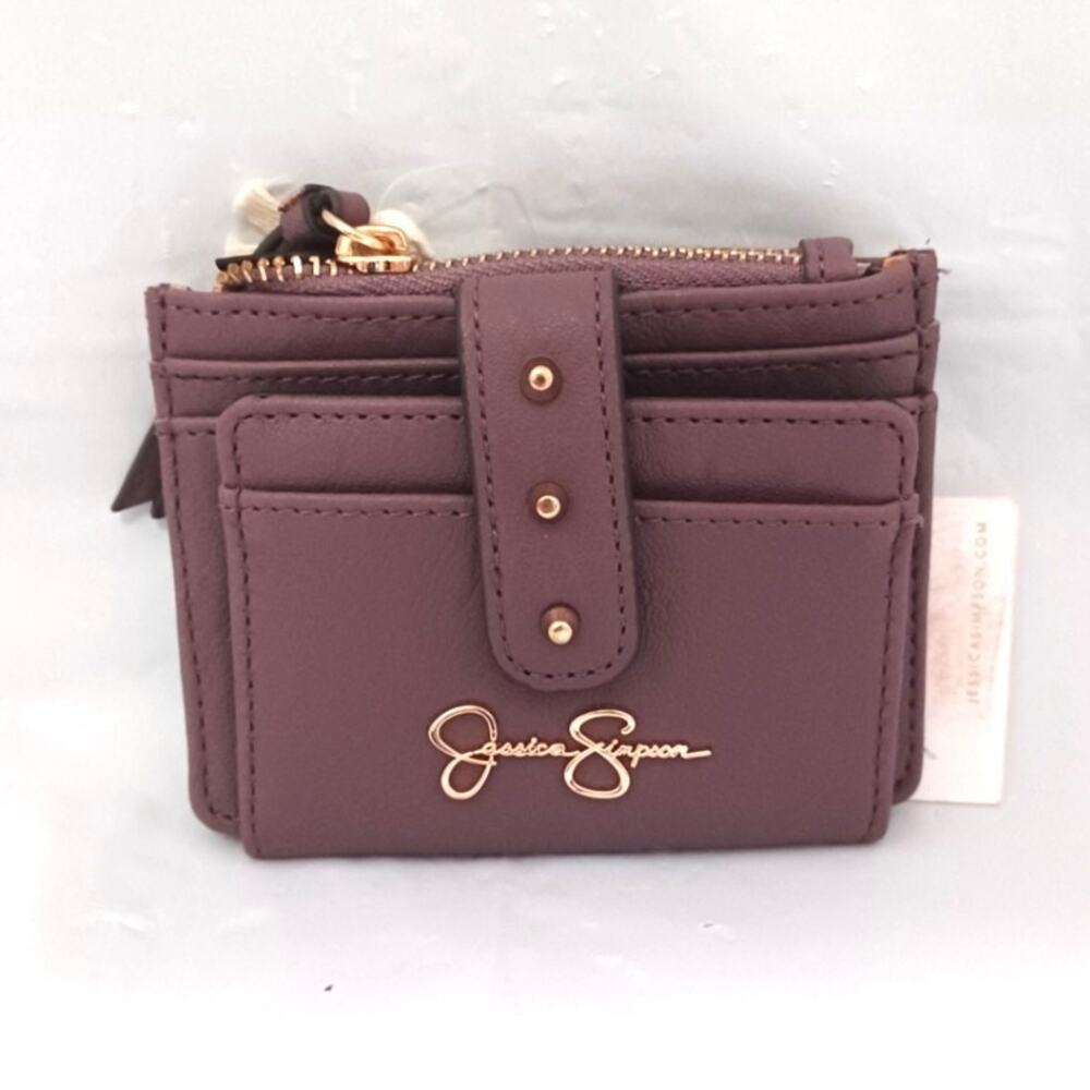 Jessica Simpson “Frankie” Square Card Case Wallet – Midnight Plum Gold Hardware